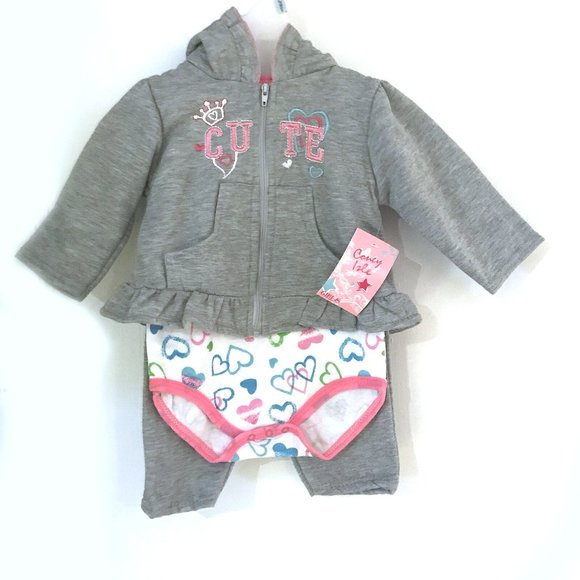 Coney Isle Girls One-Piece Long Sleeve Romper, Hooded Sweatshirt & Pants - 6-9m - Picture 1 of 4